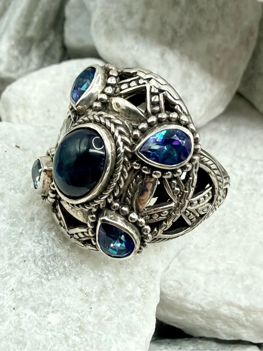 Vintage SARDA 925 Sterling Silver Sapphire Blue Topaz Statement Ring Size 8 EUC